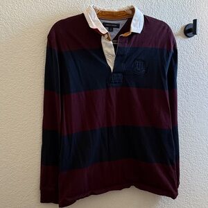 90s Vintage! Tommy Hilfiger Men's Casual Striped Shirt - Burgundy and Navy